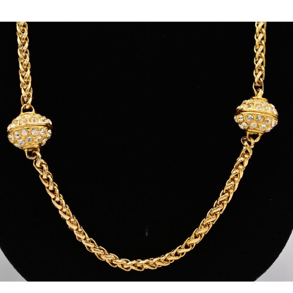 Vintage Rhinestone Ball Necklace Wheat Chain Heavy Chunky Crystal Gold 1980s 9J